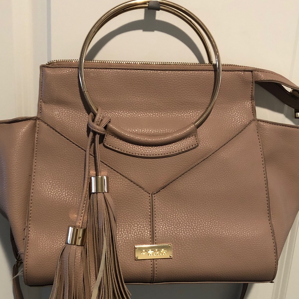 Bebe Tan Leather Purse Metal Handled Handbag w Tassel & Removable Shoulder Strap
